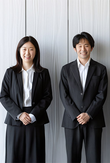 笑顔のスーツ姿の男女