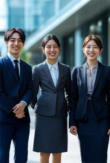 笑顔のスーツ姿の男女