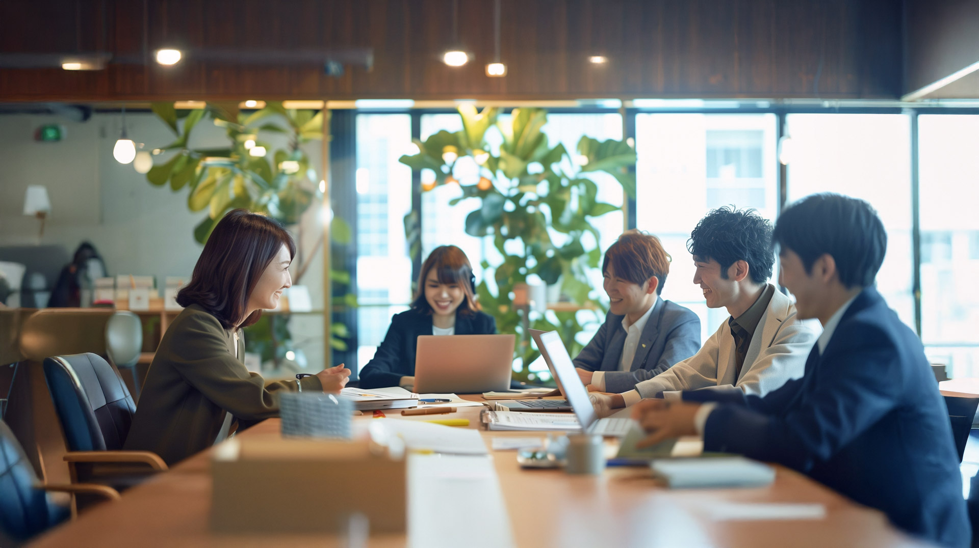 談笑をしながら会議をしている会社員