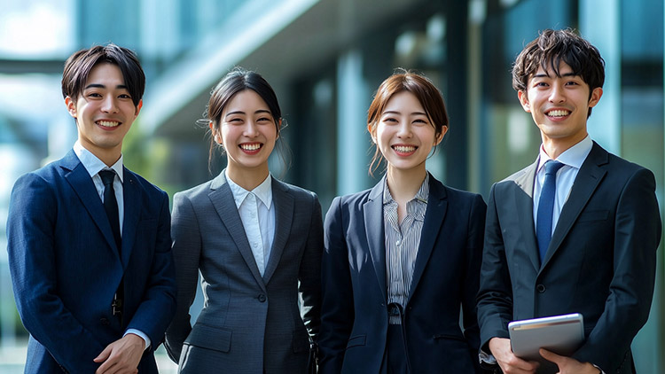 笑顔のスーツ姿の男女