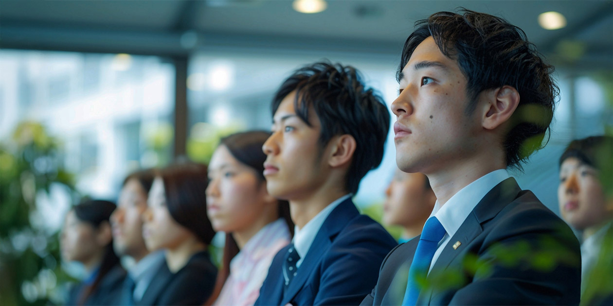 熱い眼差しで座っているスーツ姿の男女